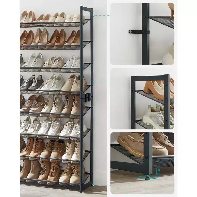 Étagère à chaussures métallique à 8 niveaux, étagères réglables pouvant accueillir 32 à 40 paires, ensemble de 2 organiseurs de chaussures empilables.
