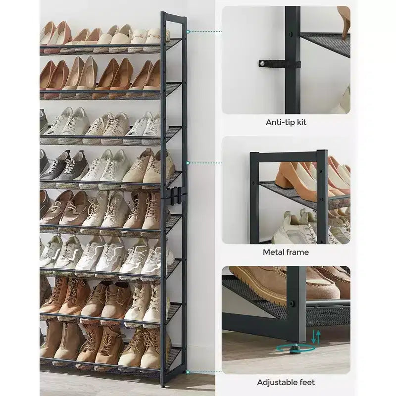 Étagère à chaussures métallique à 8 niveaux, étagères réglables pouvant accueillir 32 à 40 paires, ensemble de 2 organiseurs de chaussures empilables.