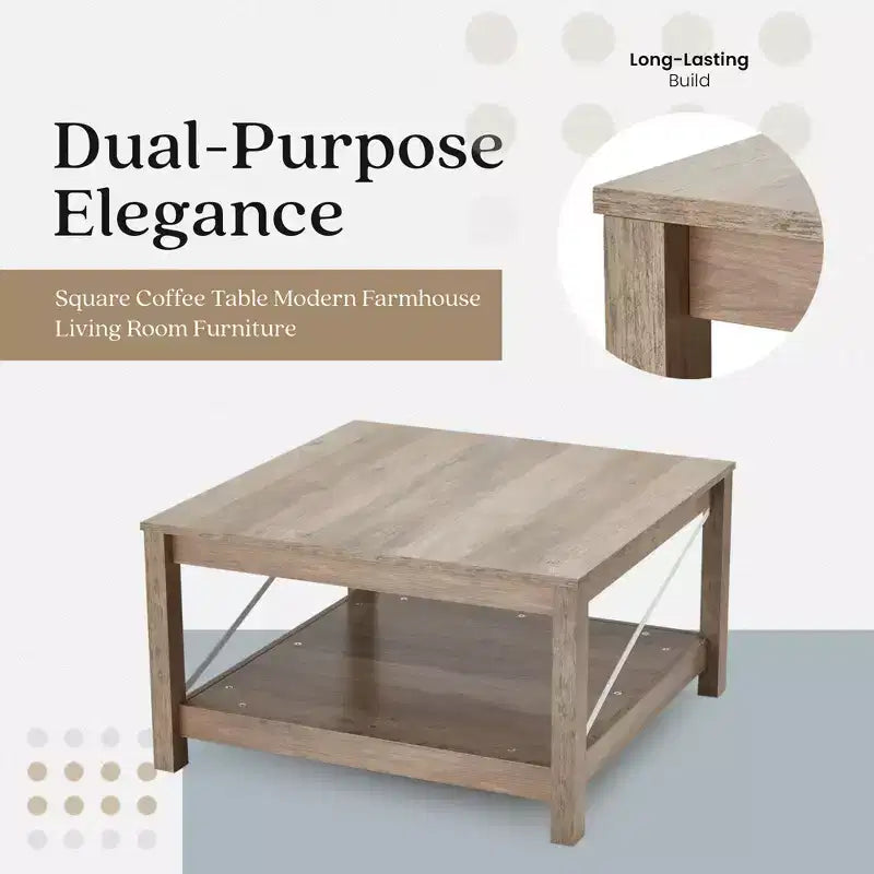 Table basse carrée de 31,5 pouces avec étagère de rangement inférieure, meubles de salon style ferme moderne, table d'appoint de bureau, beige