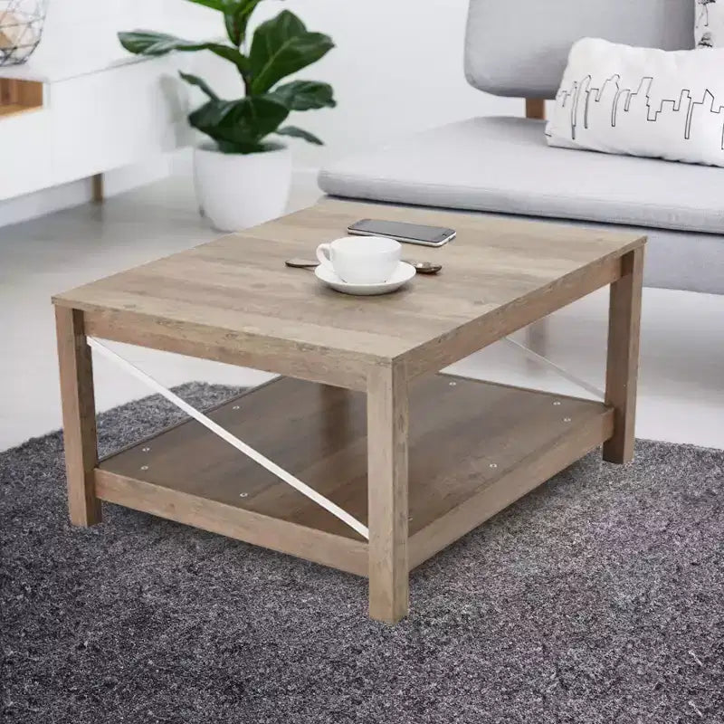 Table basse carrée de 31,5 pouces avec étagère de rangement inférieure, meubles de salon style ferme moderne, table d'appoint de bureau, beige