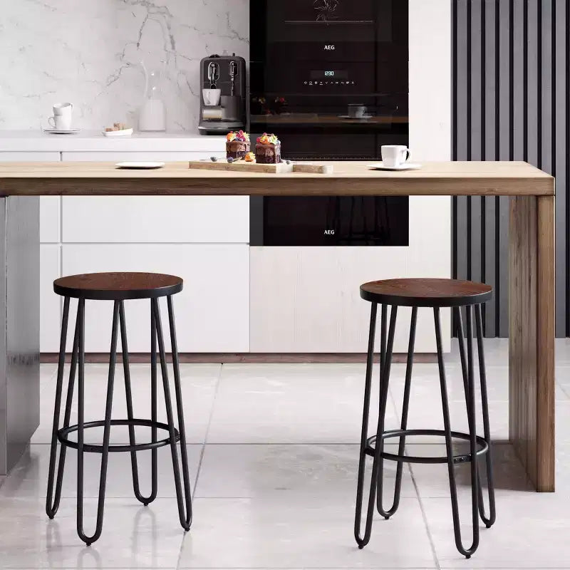 Lavish Home Set of 2 Counter-Height Bar Stools - Round Wood Barstools with Hairpin Legs
