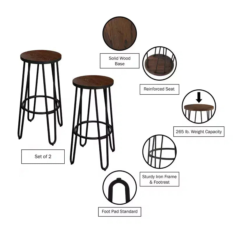 Lavish Home – Lot de 2 tabourets de bar à hauteur de comptoir – Tabourets de bar ronds en bois avec pieds en épingle