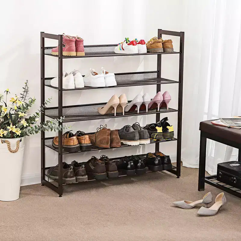 SONGMICS Shoe Rack, 5-Tier Stackable Shoe Storage Shelf, Metal Mesh, Flat or Angled Shoe Organizer Rack for 20 to 25 Pairs Bronze
