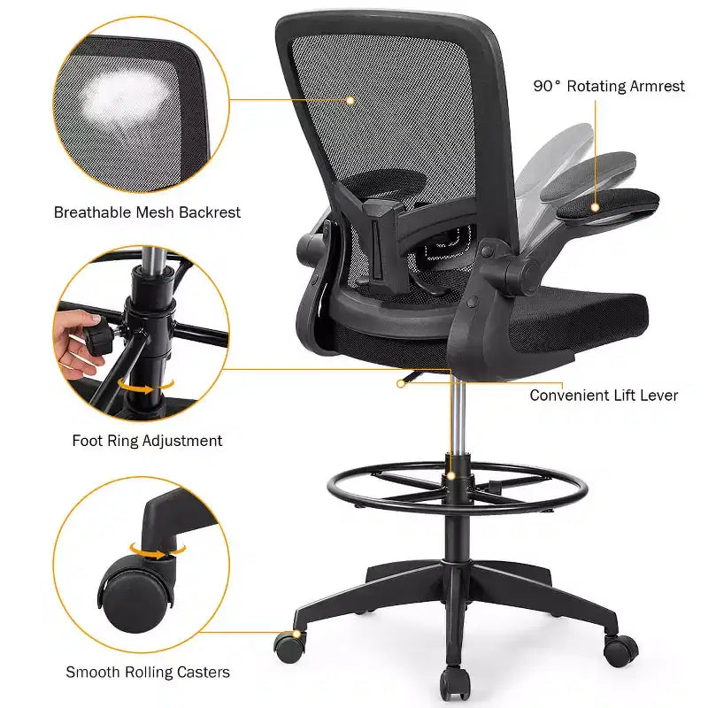 Chaise de dessinateur pivotante réglable avec accoudoirs relevables, support lombaire réglable Noir et Blanc/Noir