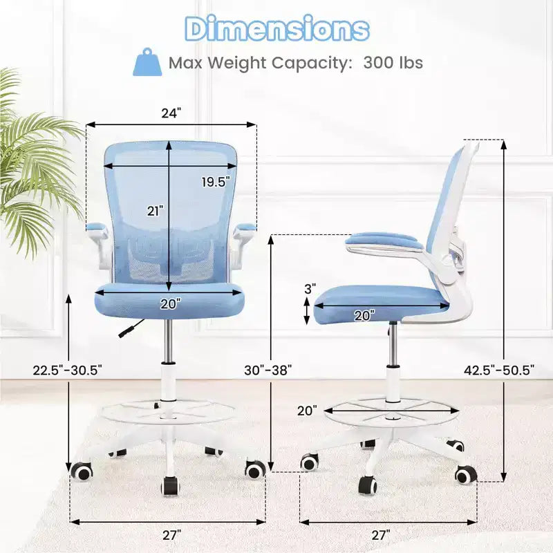 Chaise de dessinateur pivotante réglable avec accoudoirs relevables, support lombaire réglable Noir et Blanc/Noir