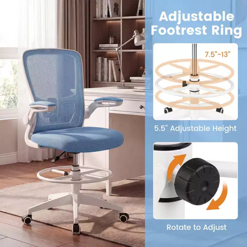 Chaise de dessinateur pivotante réglable avec accoudoirs relevables, support lombaire réglable Noir et Blanc/Noir