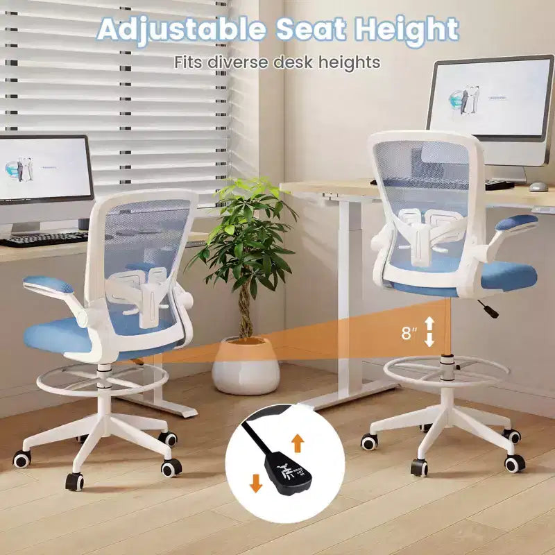 Chaise de dessinateur pivotante réglable avec accoudoirs relevables, support lombaire réglable Noir et Blanc/Noir