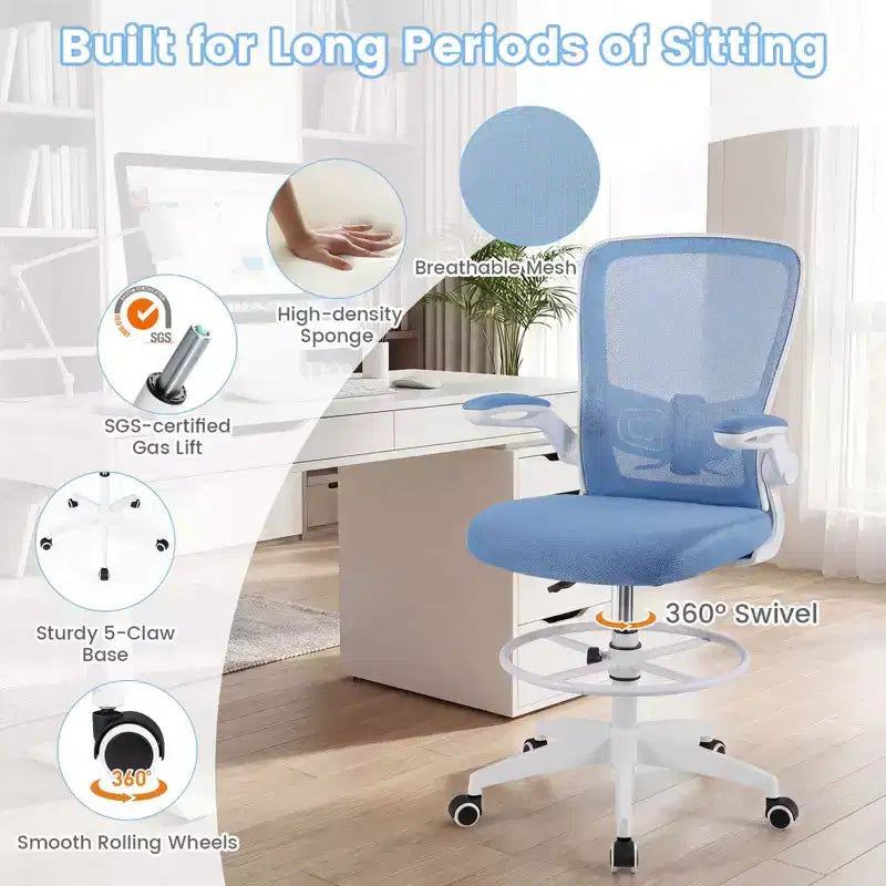Chaise de dessinateur pivotante réglable avec accoudoirs relevables, support lombaire réglable Noir et Blanc/Noir