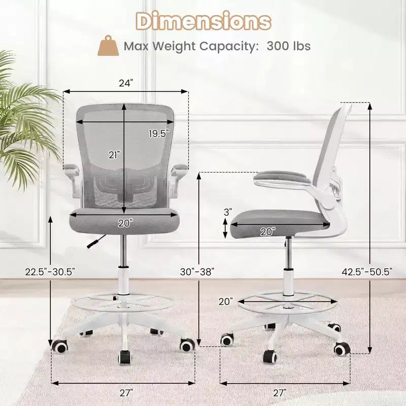 Chaise de dessinateur pivotante réglable avec accoudoirs relevables, support lombaire réglable Noir et Blanc/Noir