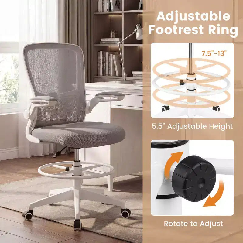 Chaise de dessinateur pivotante réglable avec accoudoirs relevables, support lombaire réglable Noir et Blanc/Noir