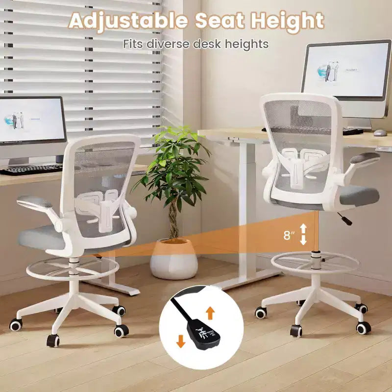 Chaise de dessinateur pivotante réglable avec accoudoirs relevables, support lombaire réglable Noir et Blanc/Noir