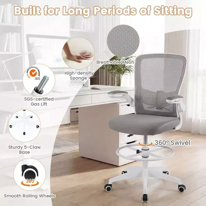 Chaise de dessinateur pivotante réglable avec accoudoirs relevables, support lombaire réglable Noir et Blanc/Noir