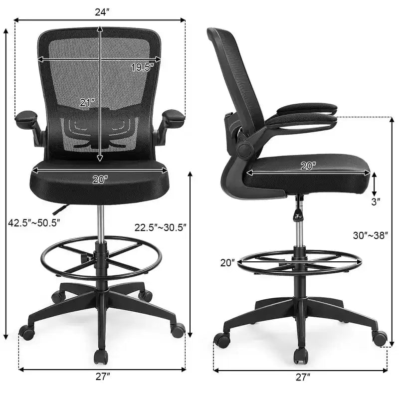 Chaise de dessinateur pivotante réglable avec accoudoirs relevables, support lombaire réglable Noir et Blanc/Noir