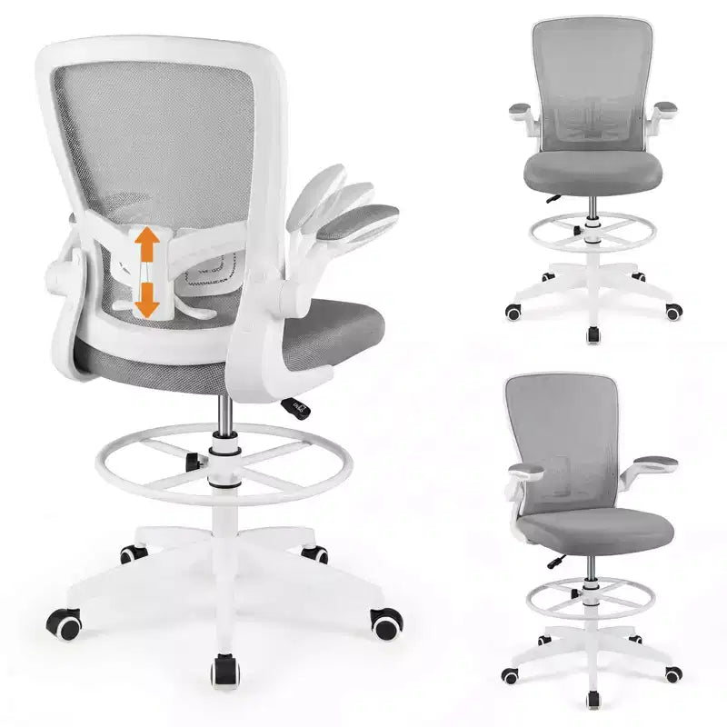 Chaise de dessinateur pivotante réglable avec accoudoirs relevables, support lombaire réglable Noir et Blanc/Noir