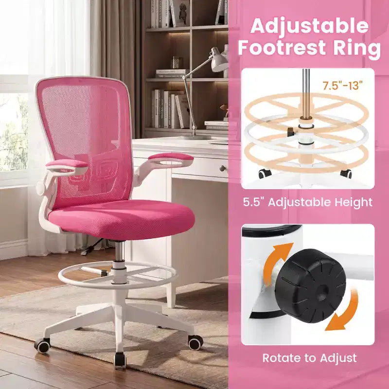 Chaise de dessinateur pivotante réglable avec accoudoirs relevables, support lombaire réglable Noir et Blanc/Noir