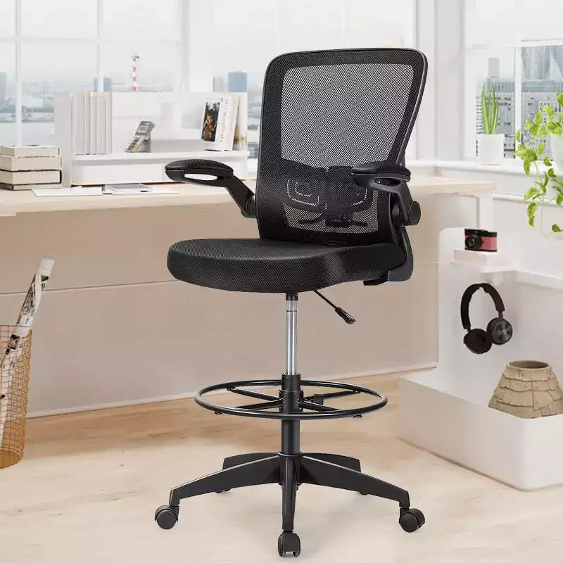 Chaise de dessinateur pivotante réglable avec accoudoirs relevables, support lombaire réglable Noir et Blanc/Noir