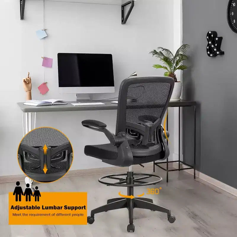Chaise de dessinateur pivotante réglable avec accoudoirs relevables, support lombaire réglable Noir et Blanc/Noir
