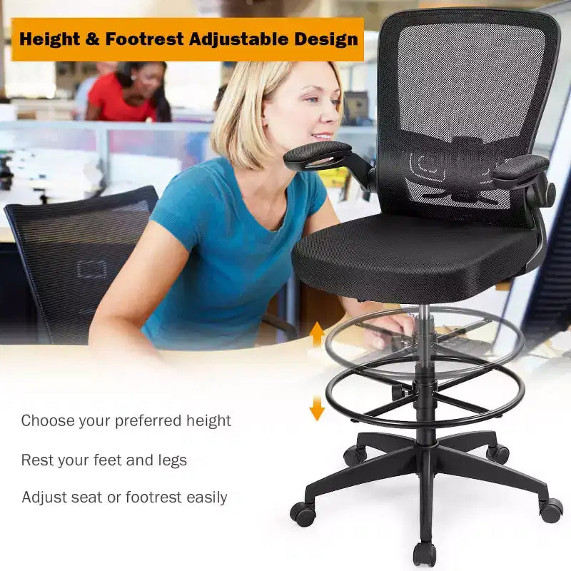Chaise de dessinateur pivotante réglable avec accoudoirs relevables, support lombaire réglable Noir et Blanc/Noir