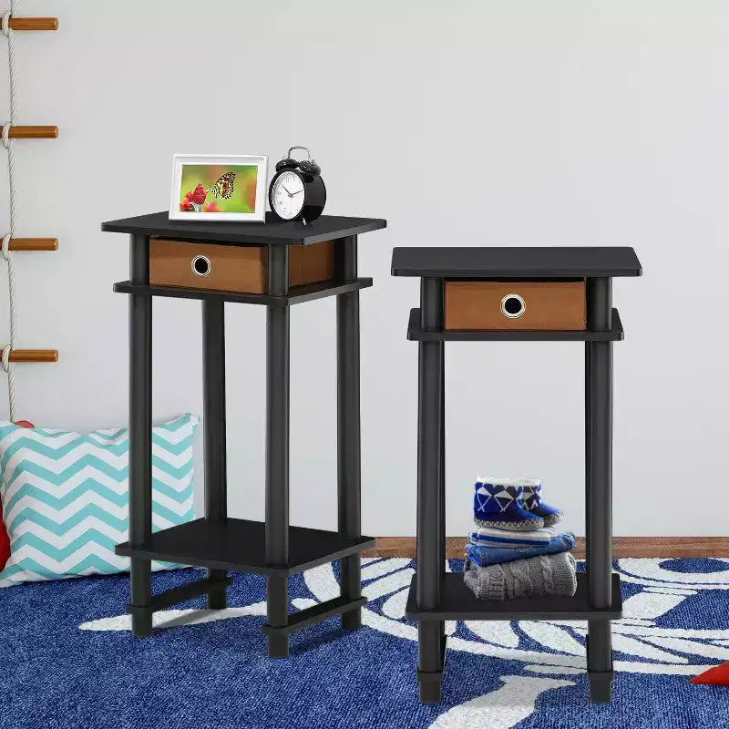Furinno 2PCS 3-Tier Industrial Tall Nightstand End Table Sofa Side Telephone Table w/removable drawer&Open Storage Shelf,Espresso/Brown