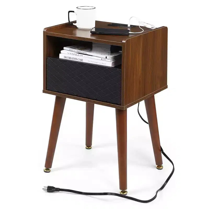 Mid-Century Nightstand with Drawers, Side Table with Charging Station