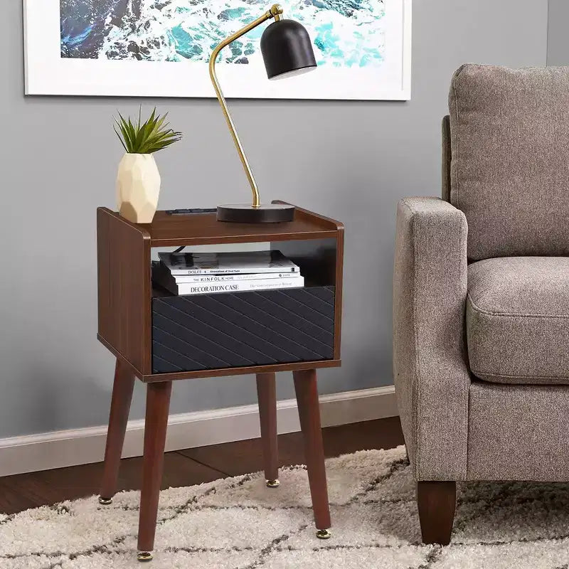 Table de chevet Mid-Century avec tiroirs, table d'appoint avec station de charge