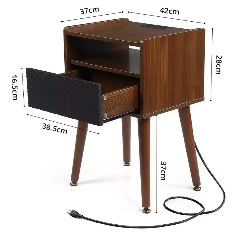 Table de chevet Mid-Century avec tiroirs, table d'appoint avec station de charge