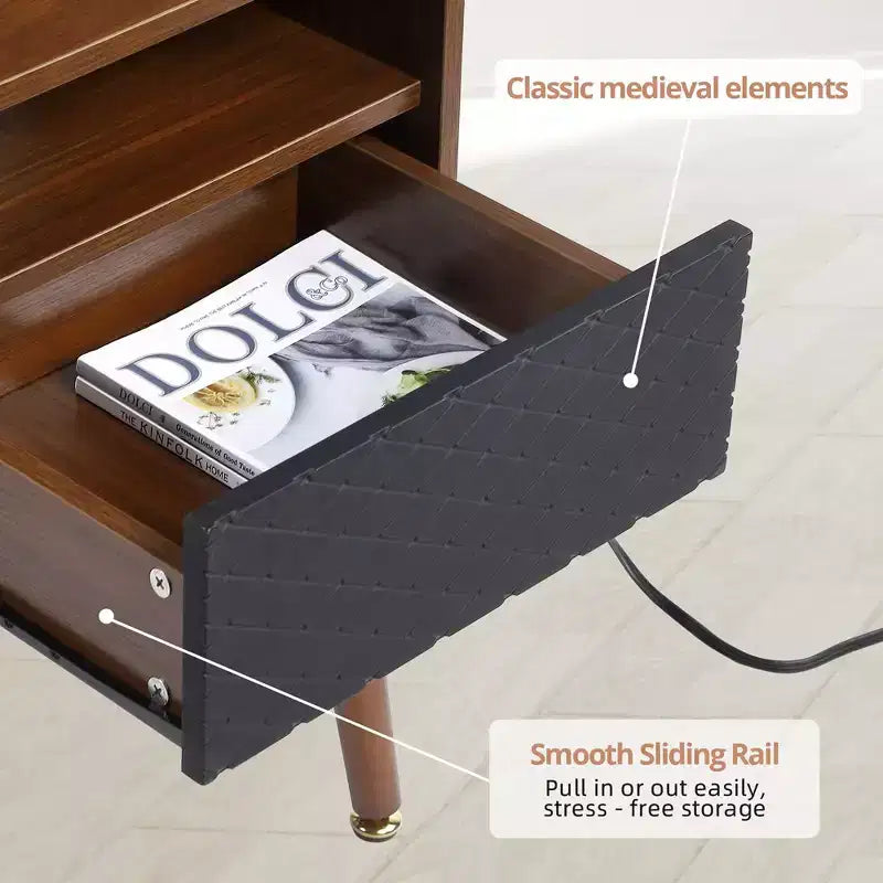 Table de chevet Mid-Century avec tiroirs, table d'appoint avec station de charge