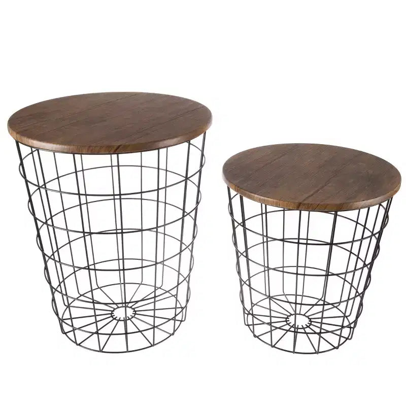 Lot de 2 tables gigognes avec rangement – Tables d'appoint avec plateaux en bois amovibles et structure en panier métallique