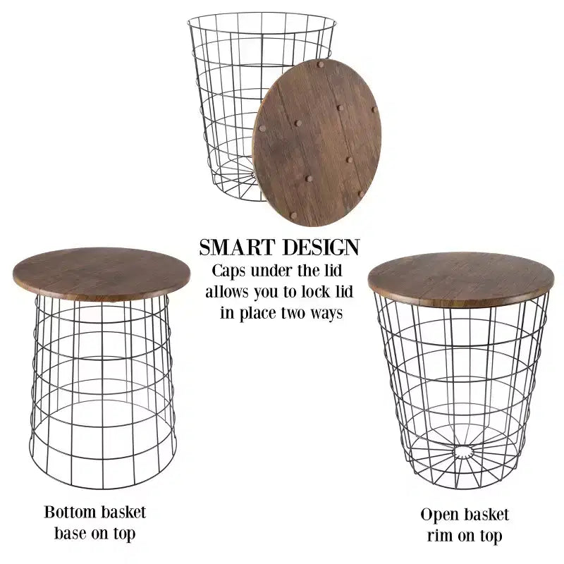 Lot de 2 tables gigognes avec rangement – Tables d'appoint avec plateaux en bois amovibles et structure en panier métallique
