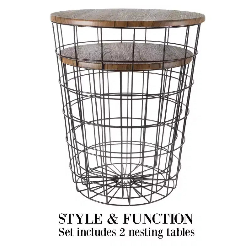 Lot de 2 tables gigognes avec rangement – Tables d'appoint avec plateaux en bois amovibles et structure en panier métallique