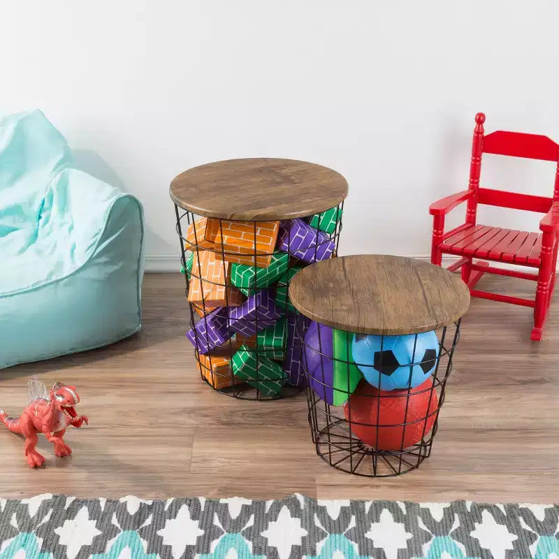 Lot de 2 tables gigognes avec rangement – Tables d'appoint avec plateaux en bois amovibles et structure en panier métallique