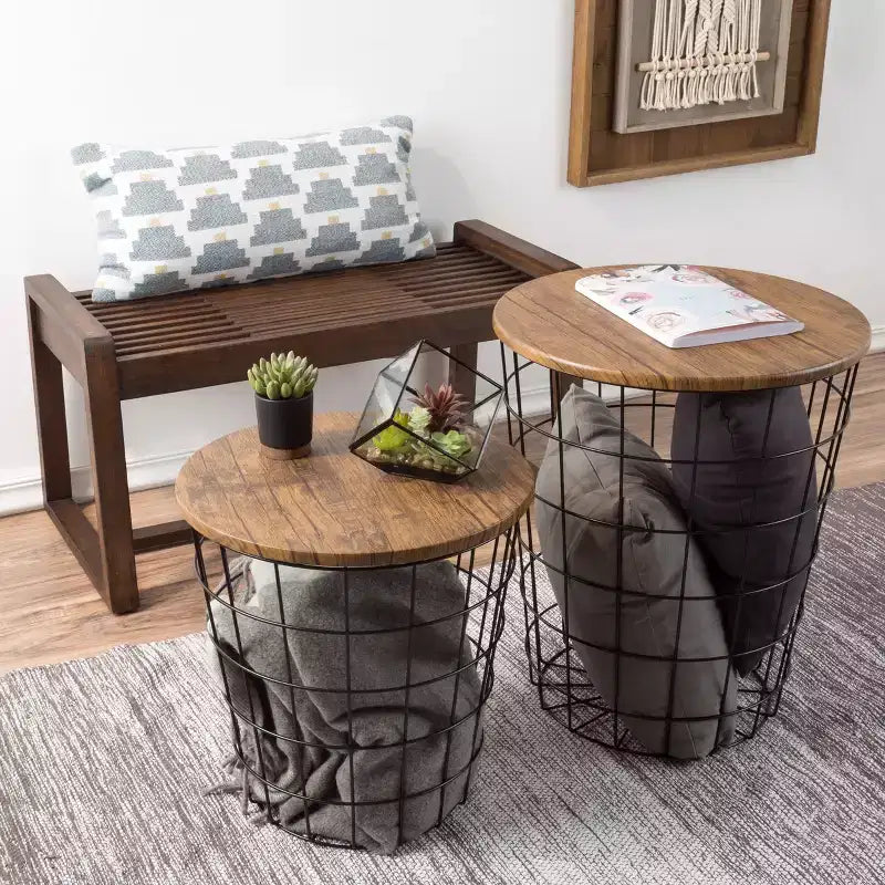 Lot de 2 tables gigognes avec rangement – Tables d'appoint avec plateaux en bois amovibles et structure en panier métallique