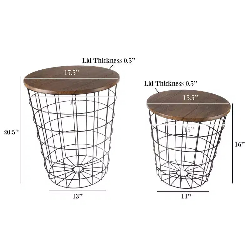 Lot de 2 tables gigognes avec rangement – Tables d'appoint avec plateaux en bois amovibles et structure en panier métallique