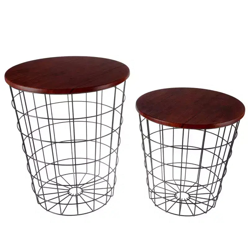 Lot de 2 tables gigognes avec rangement – Tables d'appoint avec plateaux en bois amovibles et structure en panier métallique