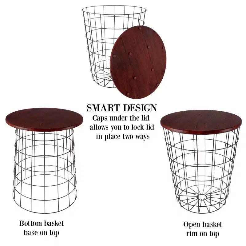 Lot de 2 tables gigognes avec rangement – Tables d'appoint avec plateaux en bois amovibles et structure en panier métallique