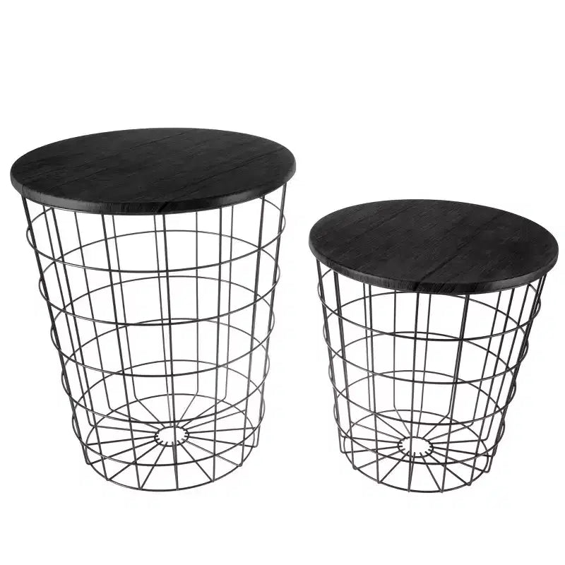 Lot de 2 tables gigognes avec rangement – Tables d'appoint avec plateaux en bois amovibles et structure en panier métallique