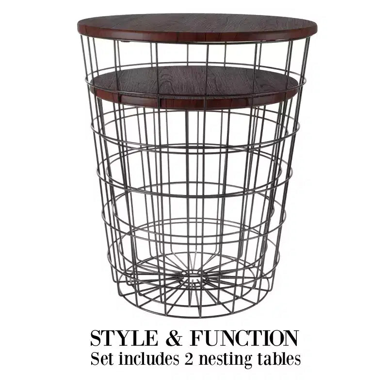 Lot de 2 tables gigognes avec rangement – Tables d'appoint avec plateaux en bois amovibles et structure en panier métallique