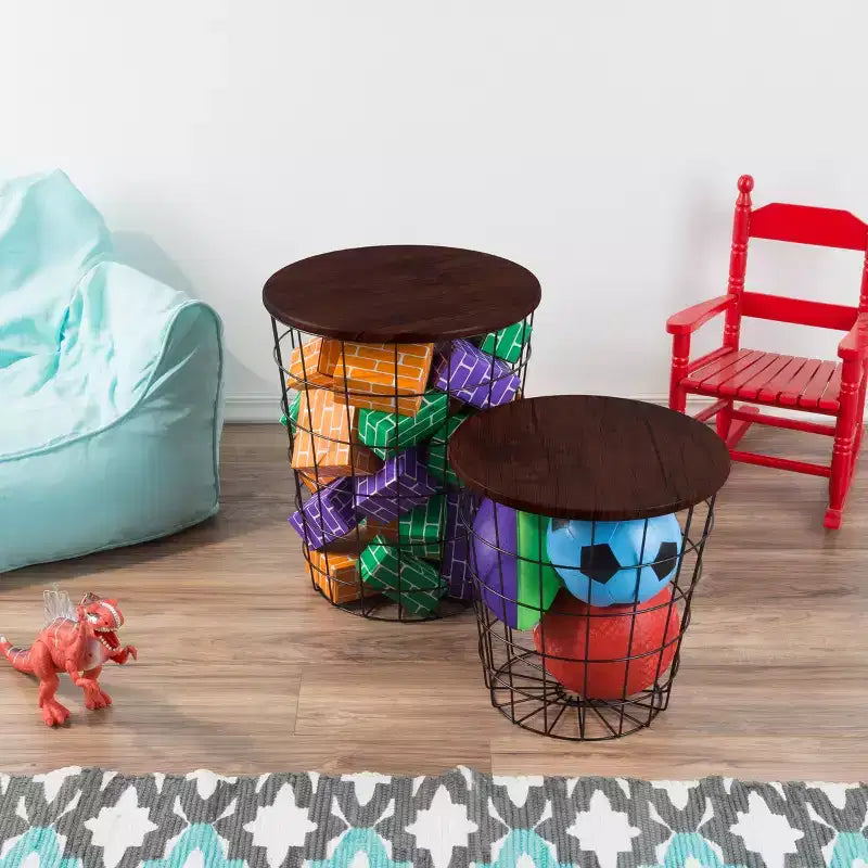 Lot de 2 tables gigognes avec rangement – Tables d'appoint avec plateaux en bois amovibles et structure en panier métallique