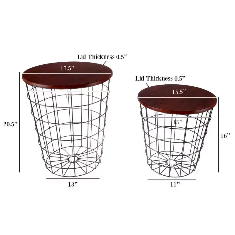 Lot de 2 tables gigognes avec rangement – Tables d'appoint avec plateaux en bois amovibles et structure en panier métallique