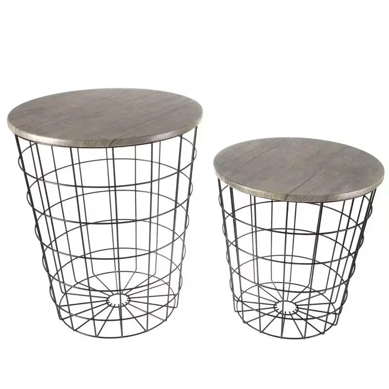 Lot de 2 tables gigognes avec rangement – Tables d'appoint avec plateaux en bois amovibles et structure en panier métallique