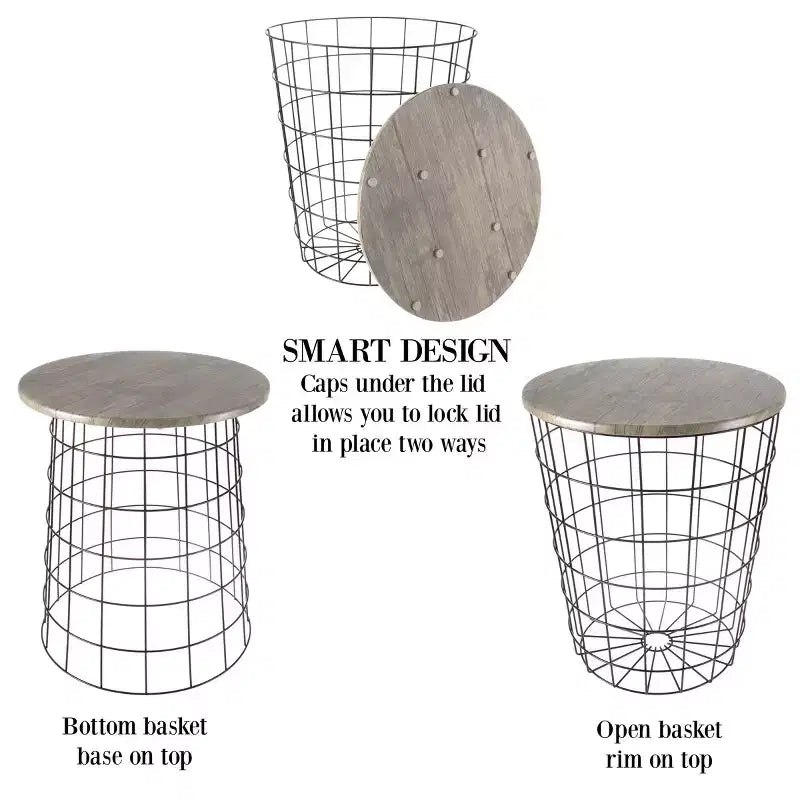 Lot de 2 tables gigognes avec rangement – Tables d'appoint avec plateaux en bois amovibles et structure en panier métallique