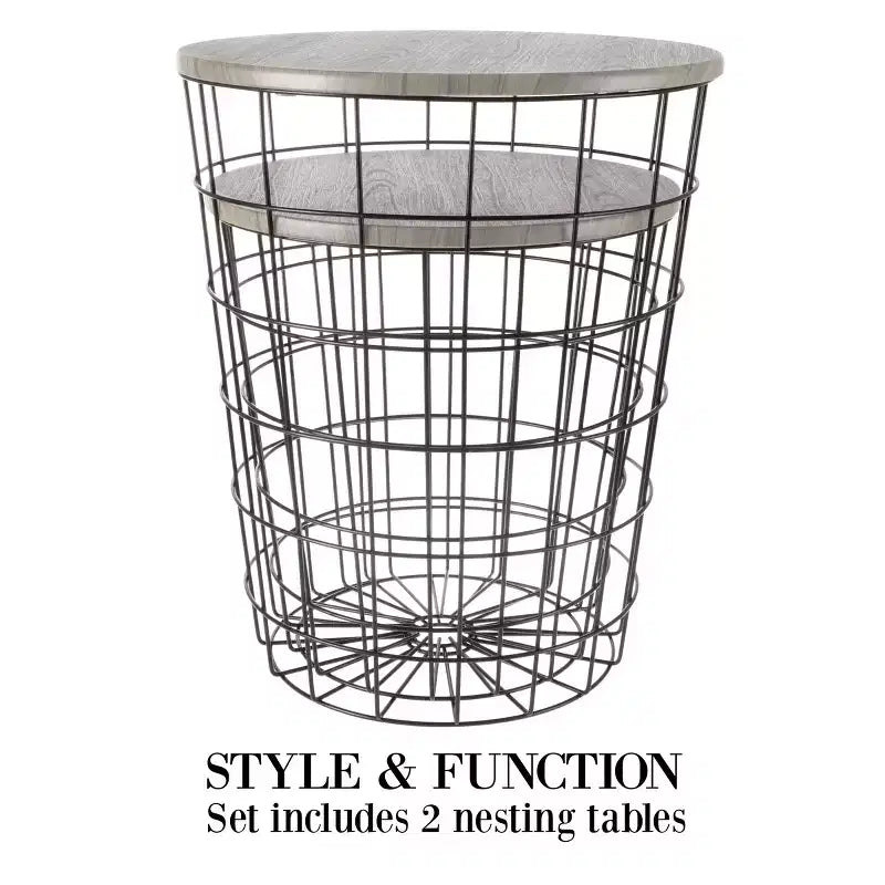 Lot de 2 tables gigognes avec rangement – Tables d'appoint avec plateaux en bois amovibles et structure en panier métallique