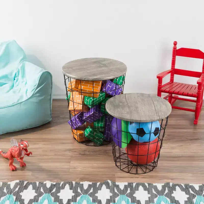 Lot de 2 tables gigognes avec rangement – Tables d'appoint avec plateaux en bois amovibles et structure en panier métallique