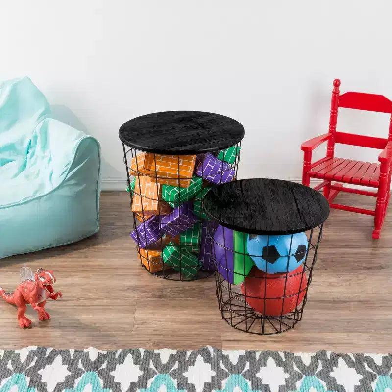Lot de 2 tables gigognes avec rangement – Tables d'appoint avec plateaux en bois amovibles et structure en panier métallique