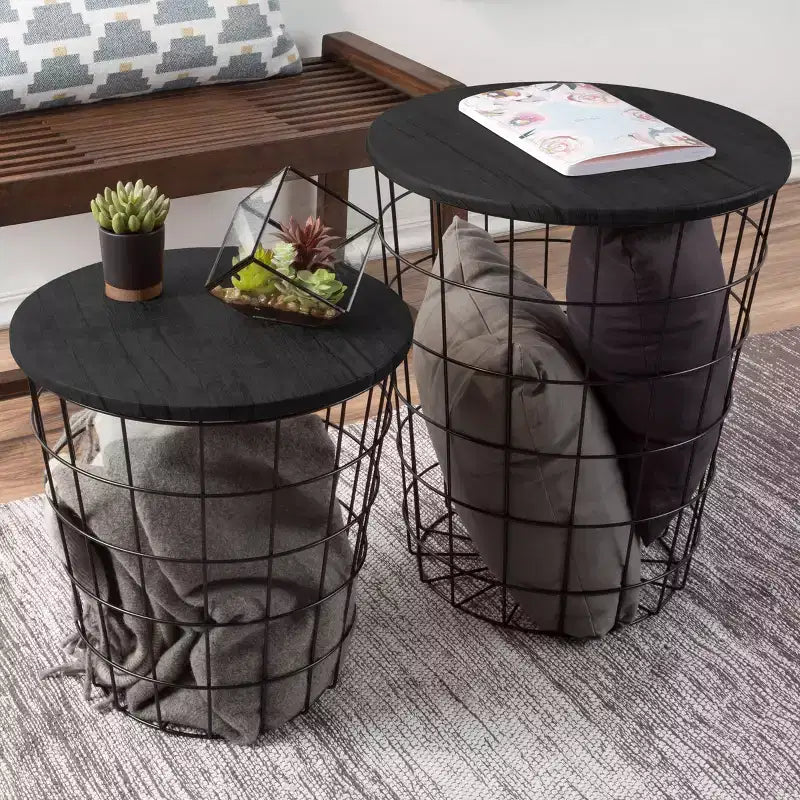 Hasting Home Set of 2 Nesting Tables with Storage - End Tables with Removable Wood Tops and Metal Basket Frame