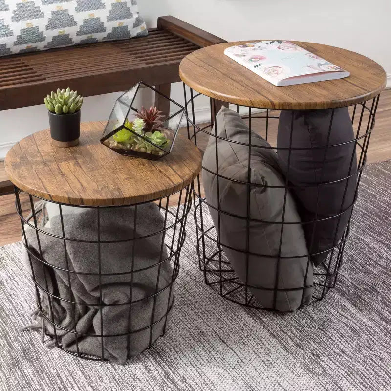 Lot de 2 tables gigognes avec rangement – Tables d'appoint avec plateaux en bois amovibles et structure en panier métallique