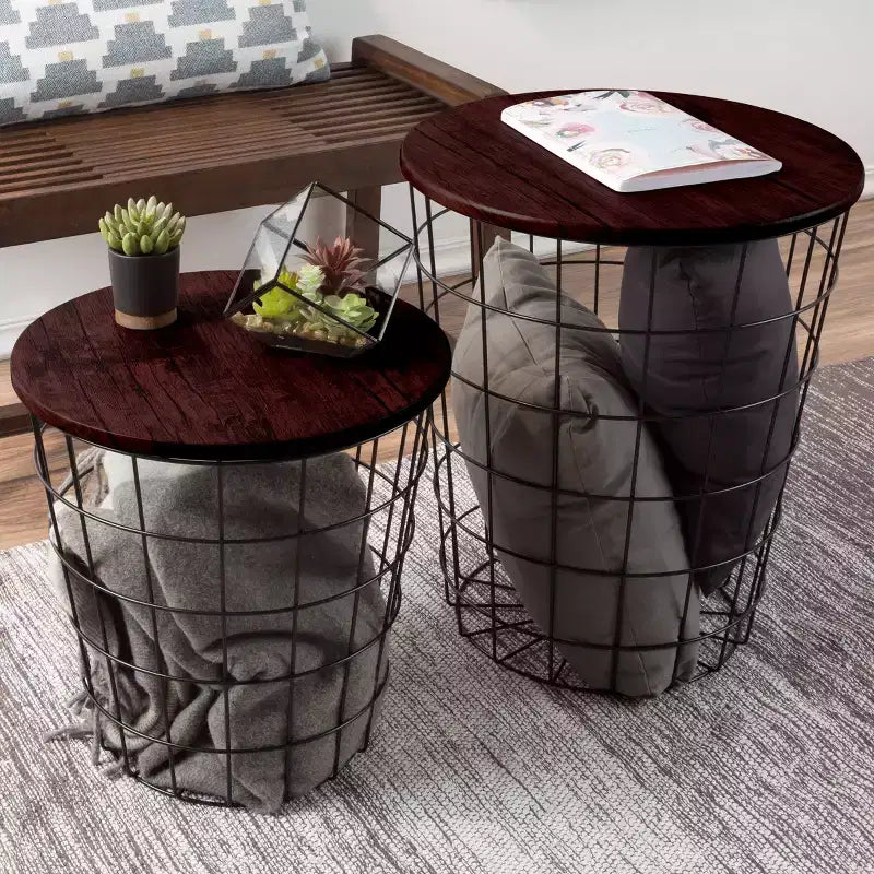 Lot de 2 tables gigognes avec rangement – Tables d'appoint avec plateaux en bois amovibles et structure en panier métallique