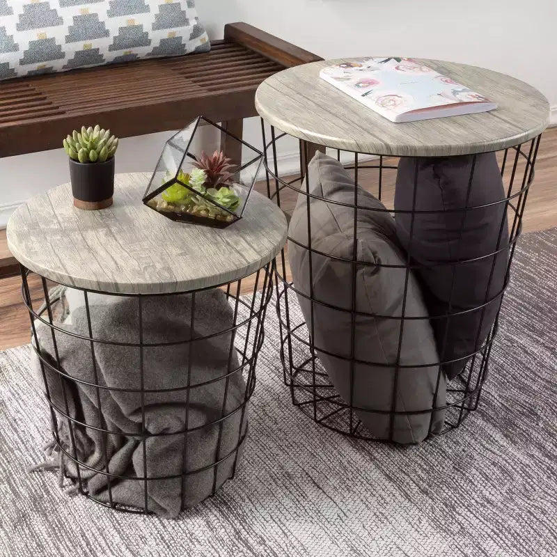Lot de 2 tables gigognes avec rangement – Tables d'appoint avec plateaux en bois amovibles et structure en panier métallique