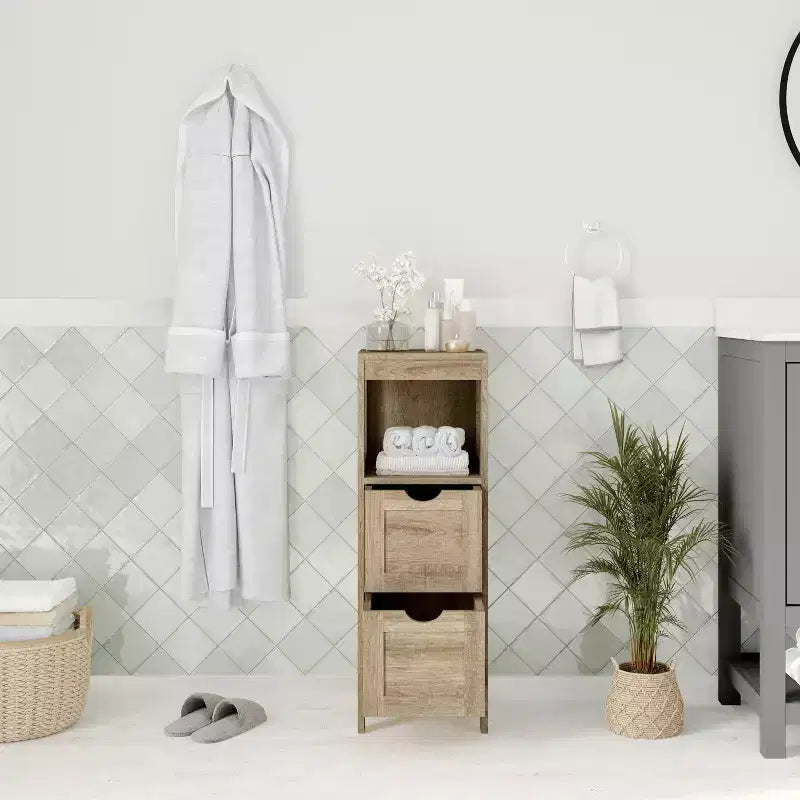 Meuble de rangement de salle de bain à 2 tiroirs avec étagère ouverte