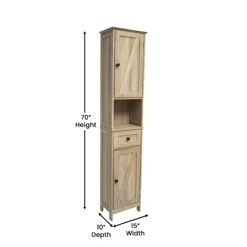 Meuble de rangement haut et étroit en lin avec tiroir, compartiments supérieur et inférieur avec portes à fermeture magnétique et étagère ouverte